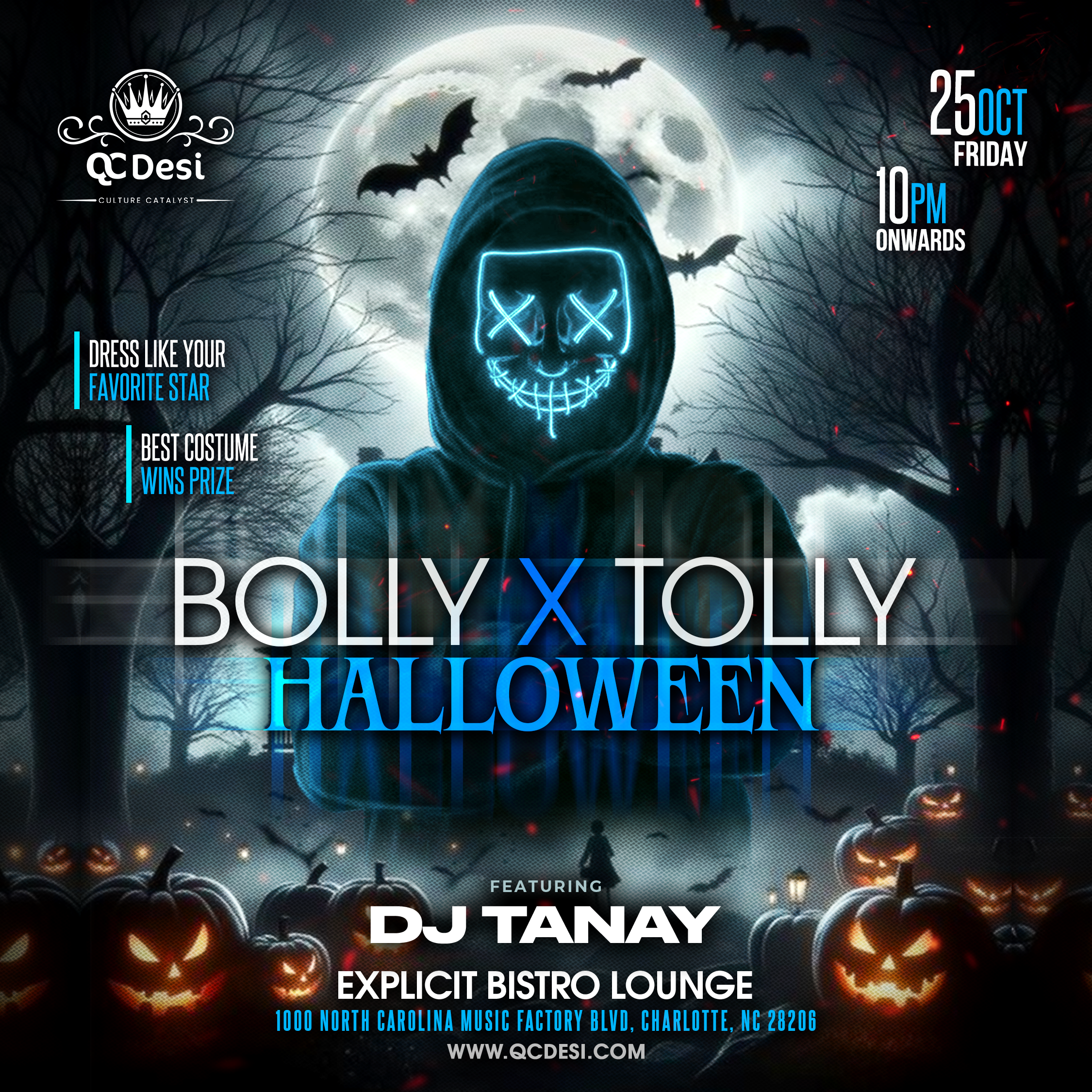Bolly x Tolly Halloween poster with a masked figure and pumpkins, featuring DJ Tanay at Explicit Bistro Lounge, Charlotte, October 25, 2024