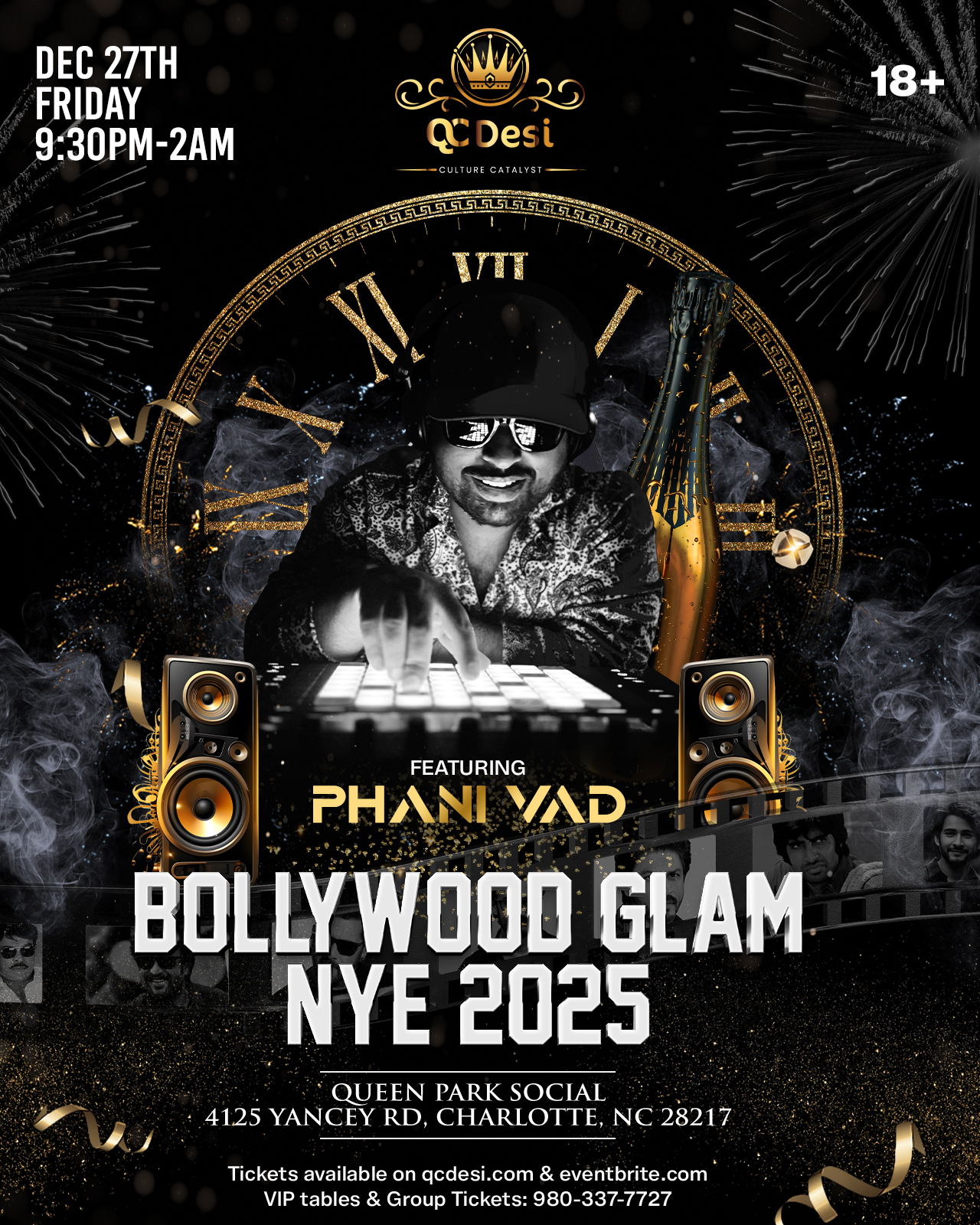 Bollywood Glam NYE 2025 poster featuring Phani Vad at Queen Park Social, Charlotte, December 27, 2024
