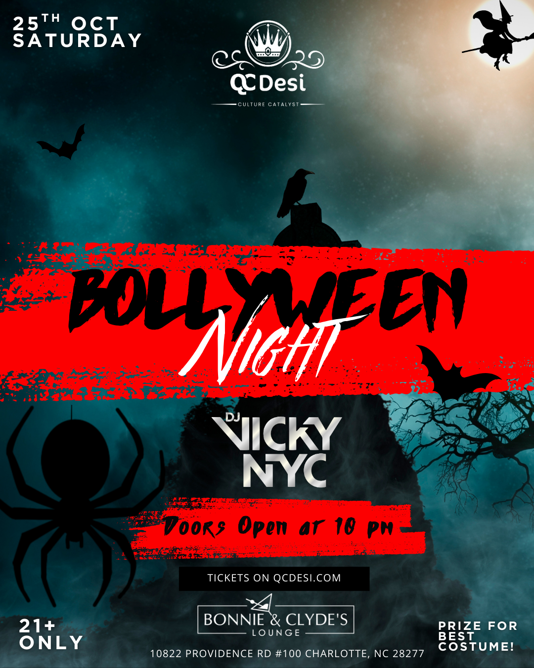 Bollyween Night Halloween poster featuring DJ Vicky NYC at Bonnie and Clyde's Lounge, Charlotte, 21 and over, October 25, 2025