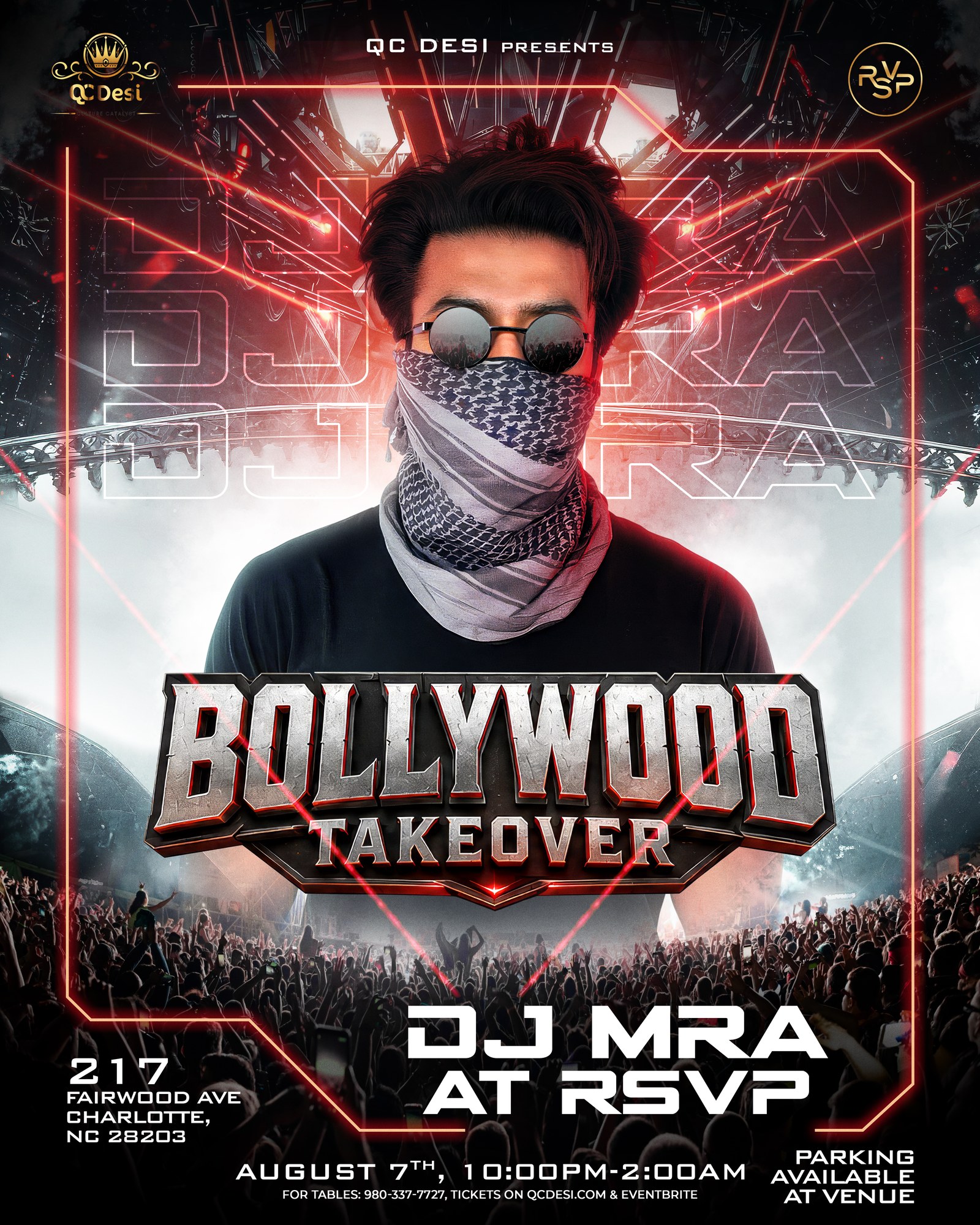 Bollywood Takeover poster featuring DJ MRA at RSVP, Charlotte, 10 PM to 2 AM, August 7, 2026
