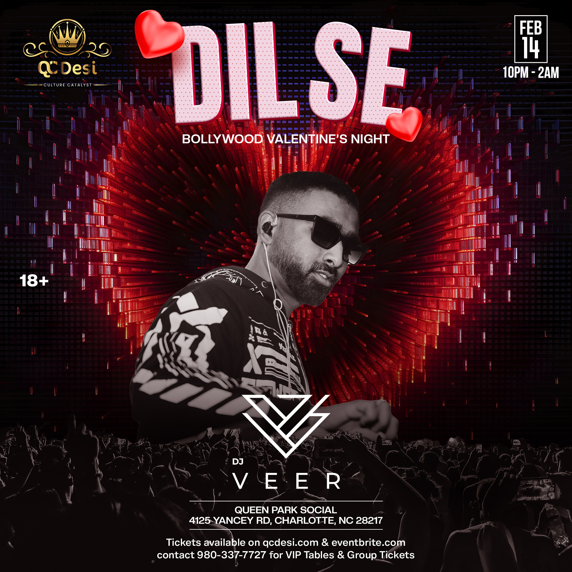 Dil Se Bollywood Valentine's Night poster featuring DJ Veer at Queen Park Social, Charlotte, February 14, 2025