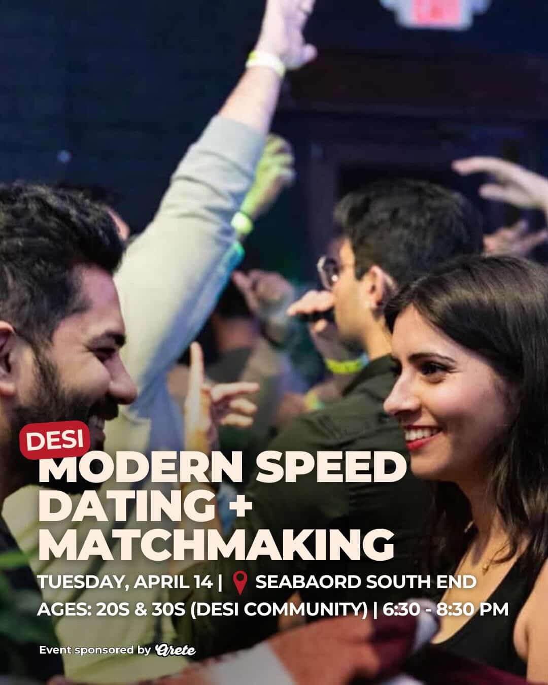Desi Modern Speed Dating and Matchmaking poster for 20s and 30s at Seaboard South End, Charlotte, April 14, 2026