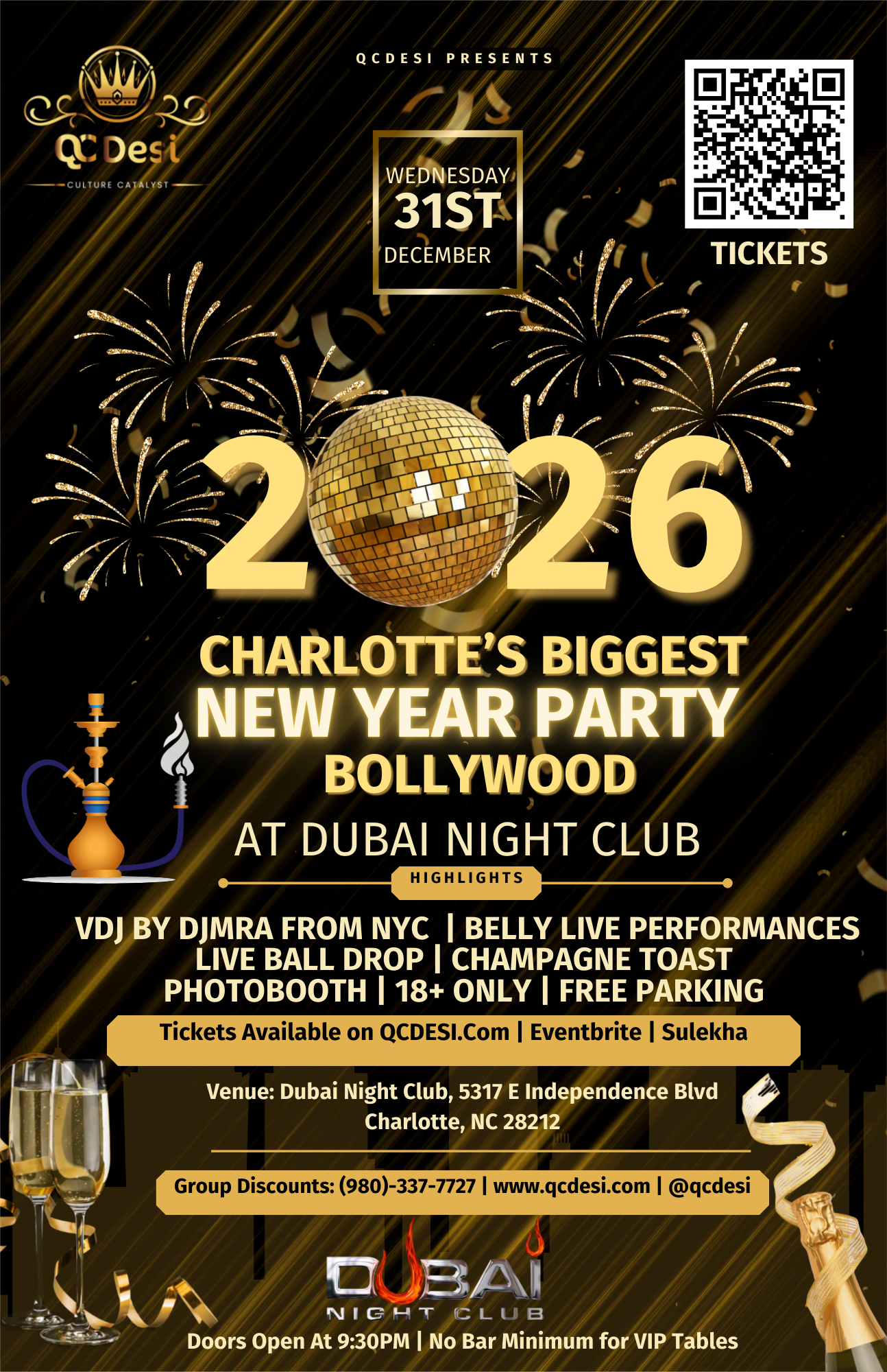 Charlotte's Biggest New Year Party 2026 Bollywood poster at Dubai Night Club, December 31, 2025
