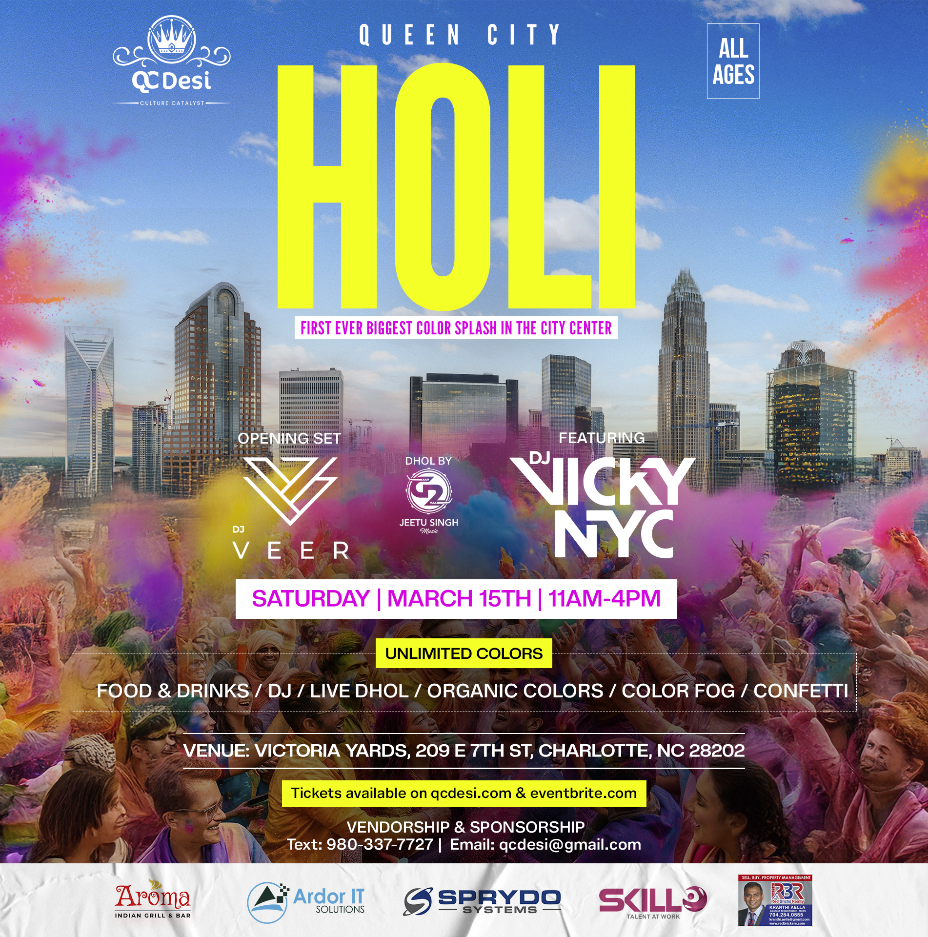 Queen City Holi poster over the Charlotte skyline featuring DJ Vicky NYC and Veer at Victoria Yards, March 15, 2025